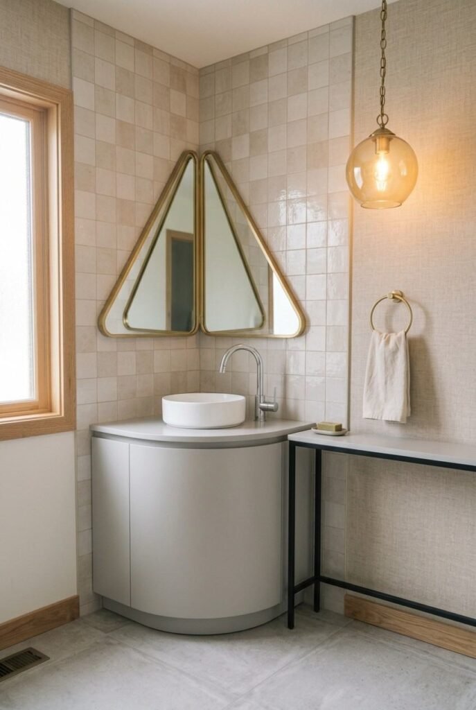 30 Bathroom Vanity Ideas: Single Sink for Small, Medium, and Large Spaces 6 Slim 24-inch console single sink in a small powder room with brass towel ring