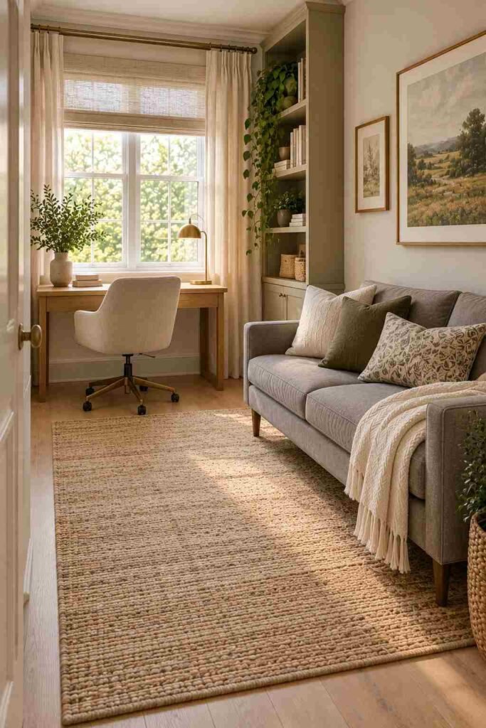 Slim apartment sofa with raised legs in a small home office with a compact desk