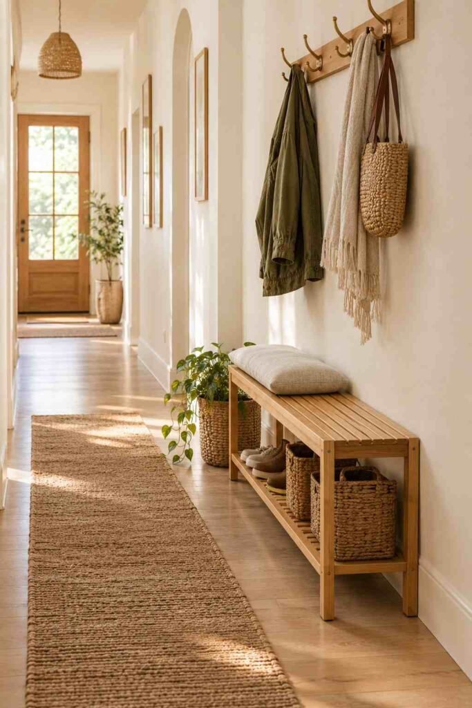 28 Beautiful Bamboo Entryway Storage Ideas for a Tidy, Natural Home 11 Shallow bamboo bench under wall hooks in a narrow hallway with a clear walking path