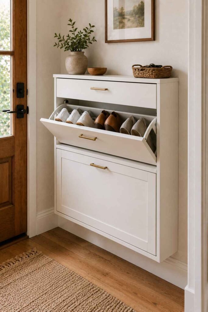 30 Smart Entryway Organization Wall Ideas: for Hooks, Shelves & Storage 12 Slim flip-down shoe cabinet partly open in a narrow hallway showing neat shoe trays