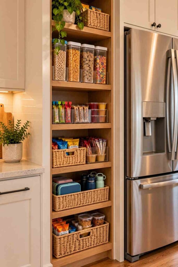 Open Shelving Pantry Kitchen Ideas: 30 Layouts, Storage Tricks and Styling Tips 11 Slim open shelf unit beside a refrigerator holding cereal and snack bins.