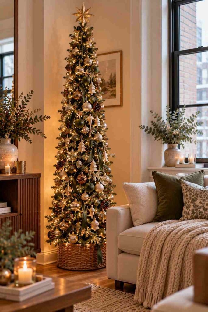 Slim pencil Christmas tree beside a sofa in a small apartment.