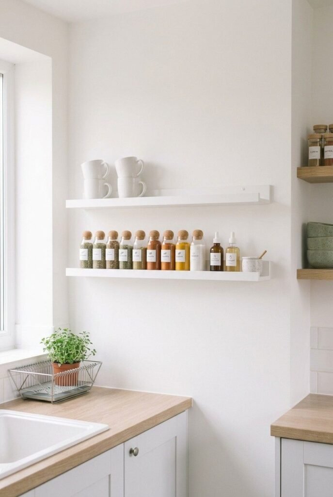 Narrow white picture ledge holding a row of spice jars on a small kitchen wall