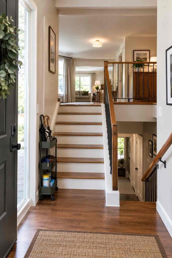 Slim rolling cart tucked beside entry stairs holding umbrellas and dog leashes.
