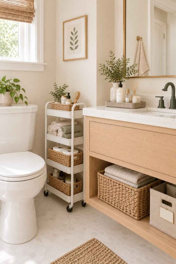 Bathroom Storage Ideas for Toiletries: 30 Smart Ways to Organize Every Space 16 Three-tier rolling cart beside a toilet holding towels and toiletries