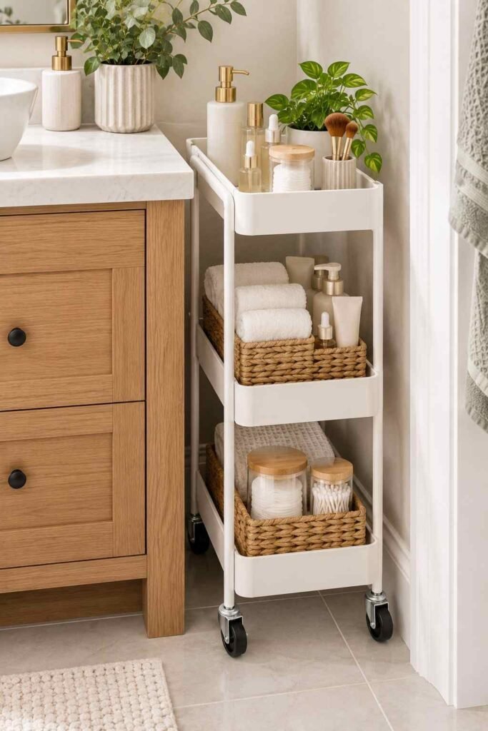 Slim three-tier rolling cart beside a bathroom vanity with skincare and towels.