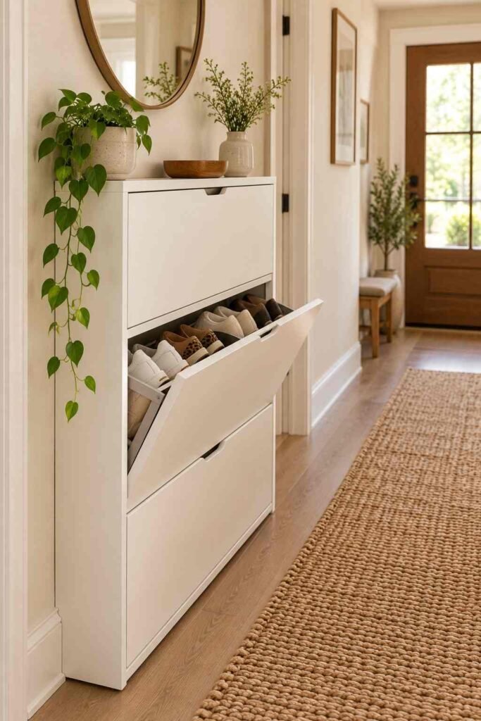 Slim flip-down shoe cabinet with one door open in a narrow hallway