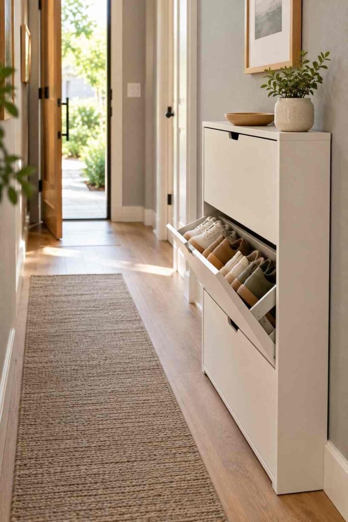 Slim tilting shoe cabinet with one drawer open in a narrow hallway entry.