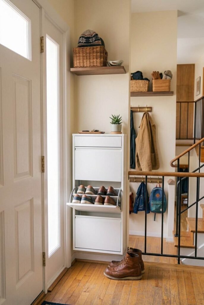 Slim tilting shoe cabinet with one drawer open against a split foyer entryway wall.