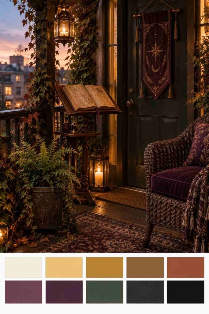 Small apartment porch with a banner, lantern, and spellbook lectern, plus a ten-color swatch strip below.
