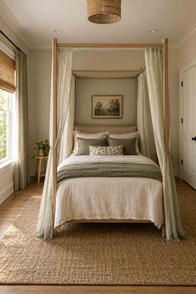 Small bedroom with a slim oak canopy frame, sheer drapes, and clear walking space around the bed