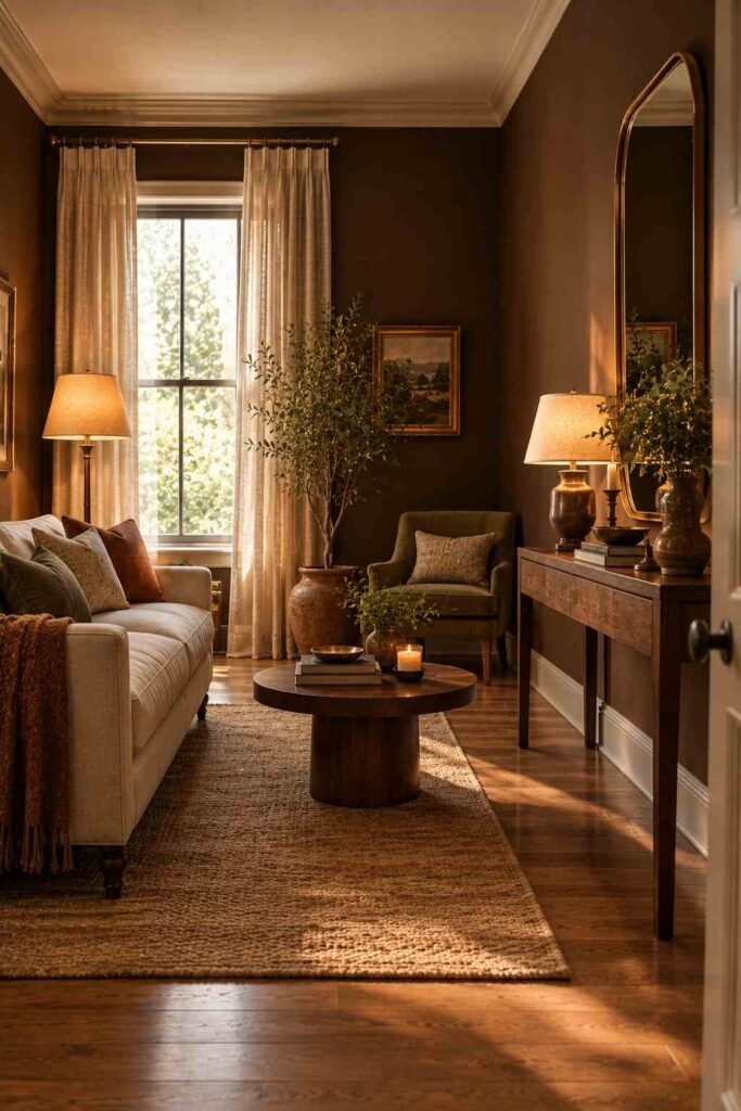 Small living room with an espresso wall, mirror and pale curtains that keep it open.