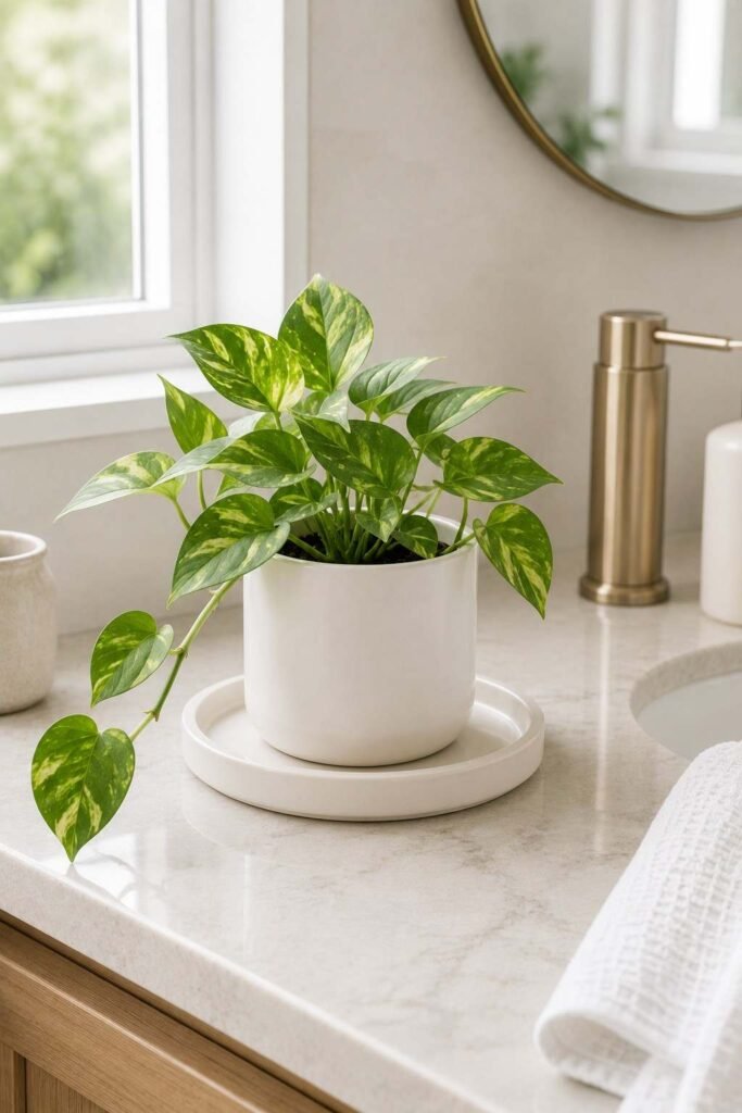 Small pothos plant on a tray on a bathroom counter