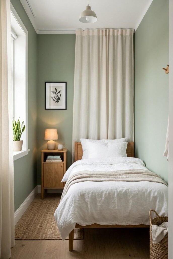 Small sage green canopy bedroom with a high-mounted sheer panel.
