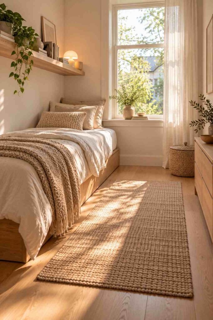 Small Scandinavian bedroom with the bed against one wall and a shelf above