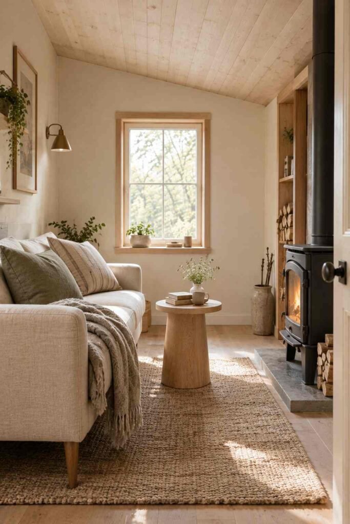 Compact sofa and wood stove in a Scandinavian shed house living room.