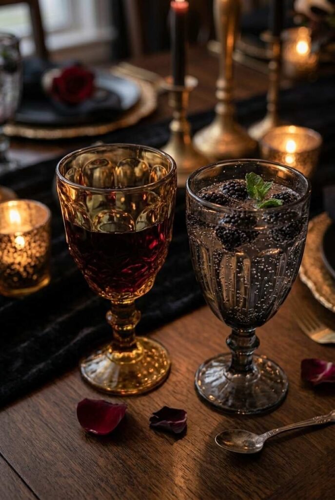 Luxury Halloween Dining Room Decor Ideas: 30 Ways to Style a Dark, Elegant Table 6 Smoked glass goblets with red wine on a candlelit Halloween dining table