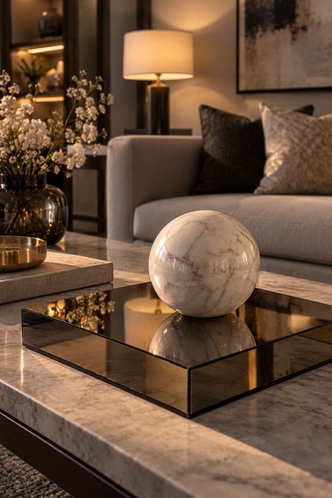 Smoked mirror centerpiece base topped with a marble sphere on a modern coffee table.