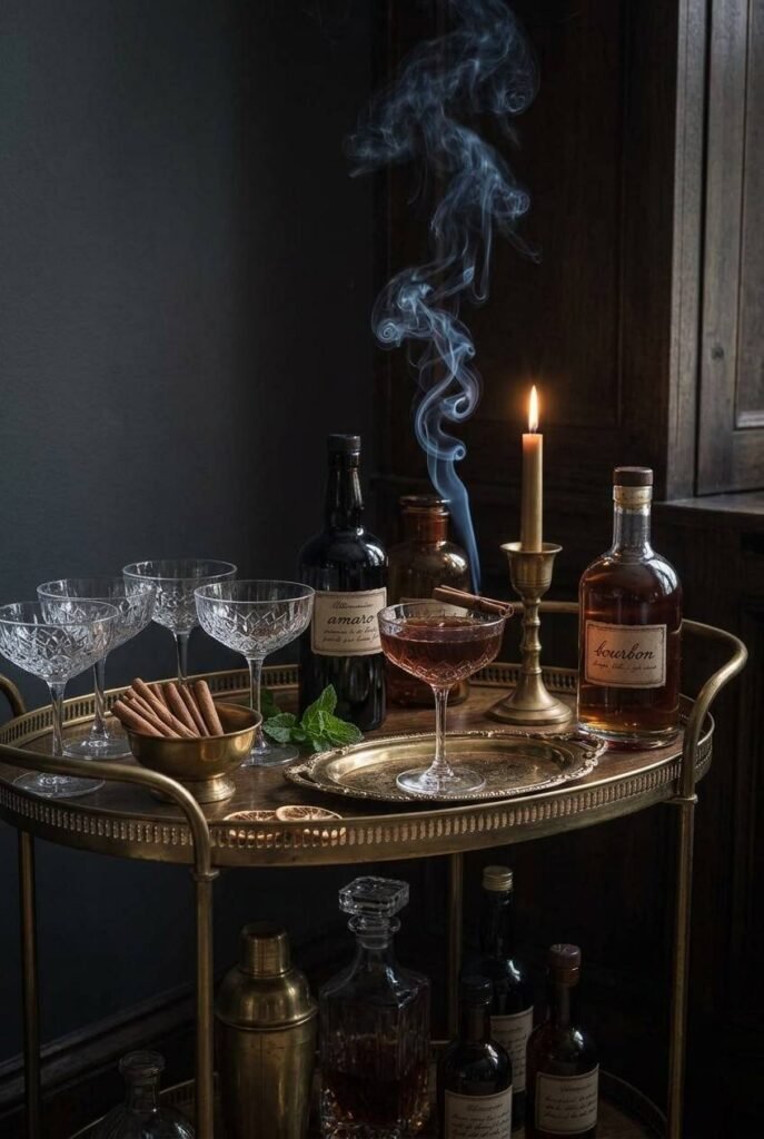 Luxury Halloween Dining Room Decor Ideas: 30 Ways to Style a Dark, Elegant Table 19 Smoking cocktail station with coupe glasses for a Halloween dinner party