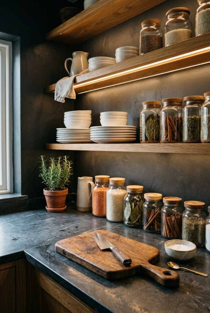 Open oak shelving with white dishes above a soapstone counter in a dark Nordic kitchen