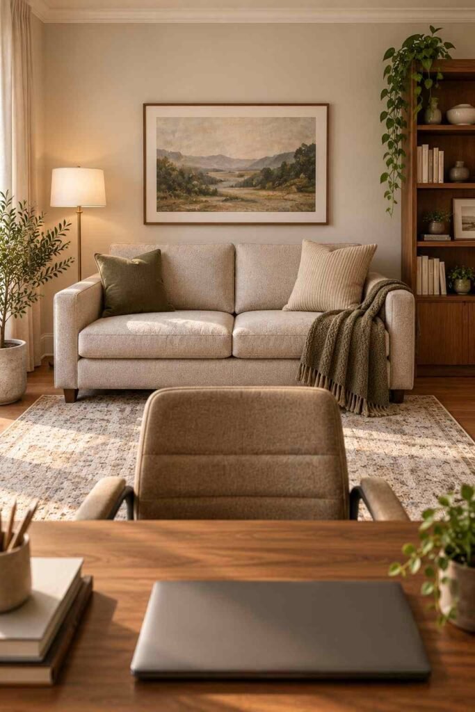 Sofa and styled wall behind a home office desk creating a neat video call backdrop
