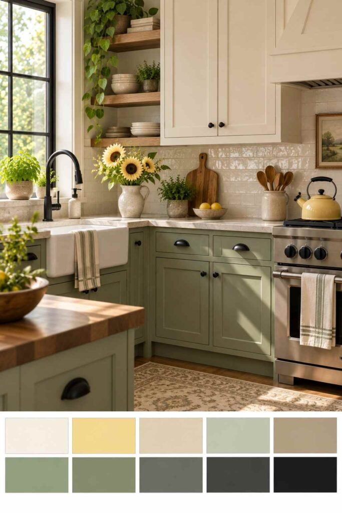30 Sunflower Kitchen Decor Ideas Modern: From Wall Art to Backsplash Tile 15 Sage green and ivory kitchen with a butter-yellow kettle and a ten-color palette strip below.