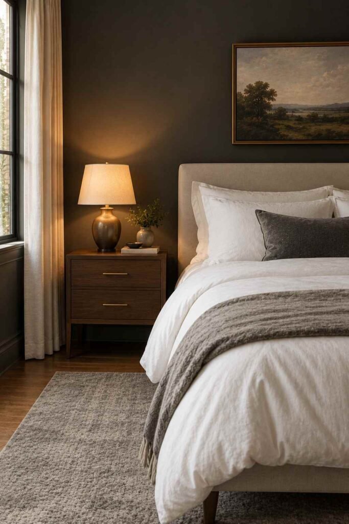 Warm charcoal bedroom wall with white bedding and wood nightstand.