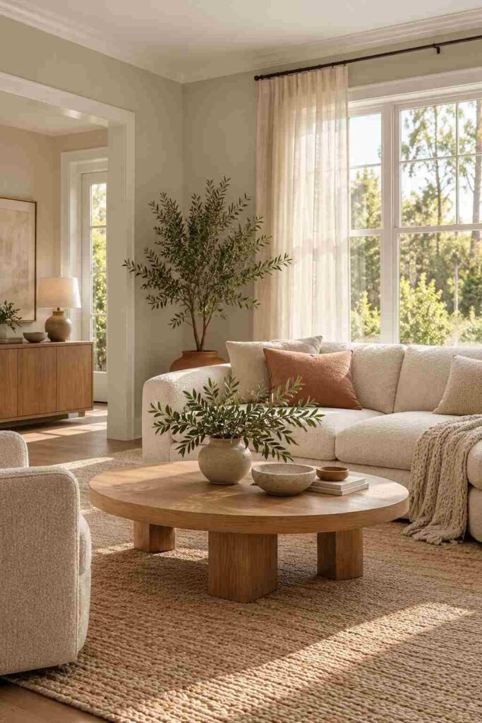 Living room painted soft greige with white trim, oak table, and ivory sofa