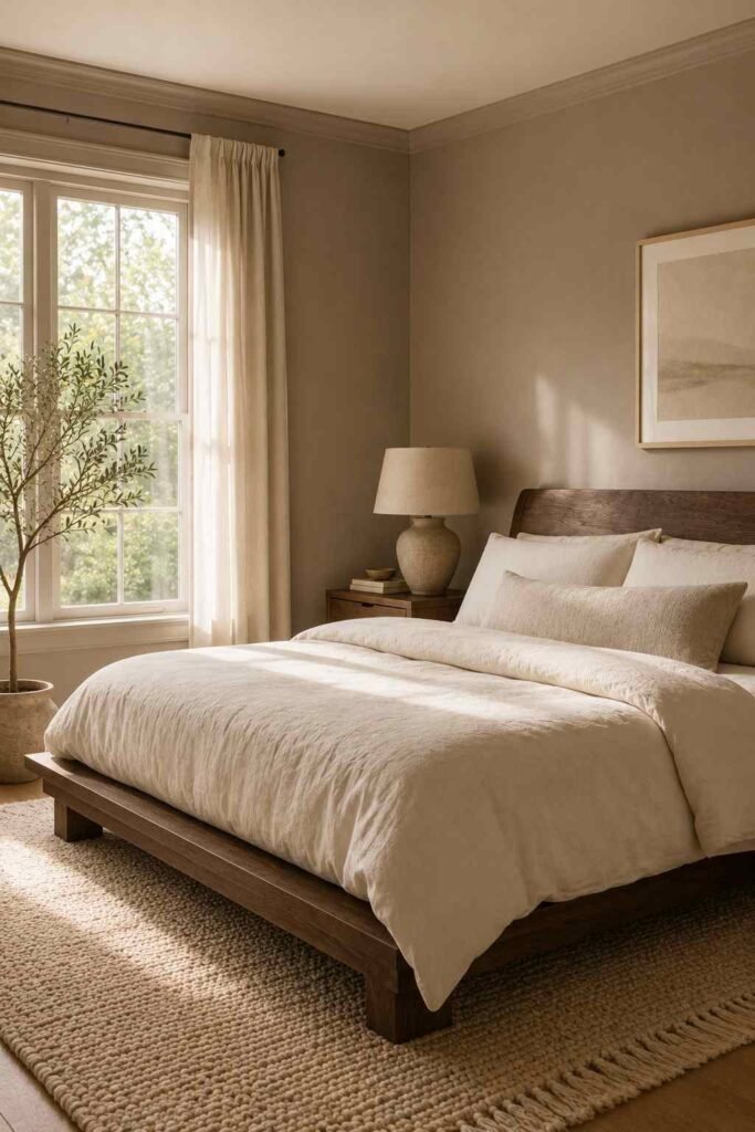 Bedroom with soft mushroom walls, ivory bedding and dark wood furniture