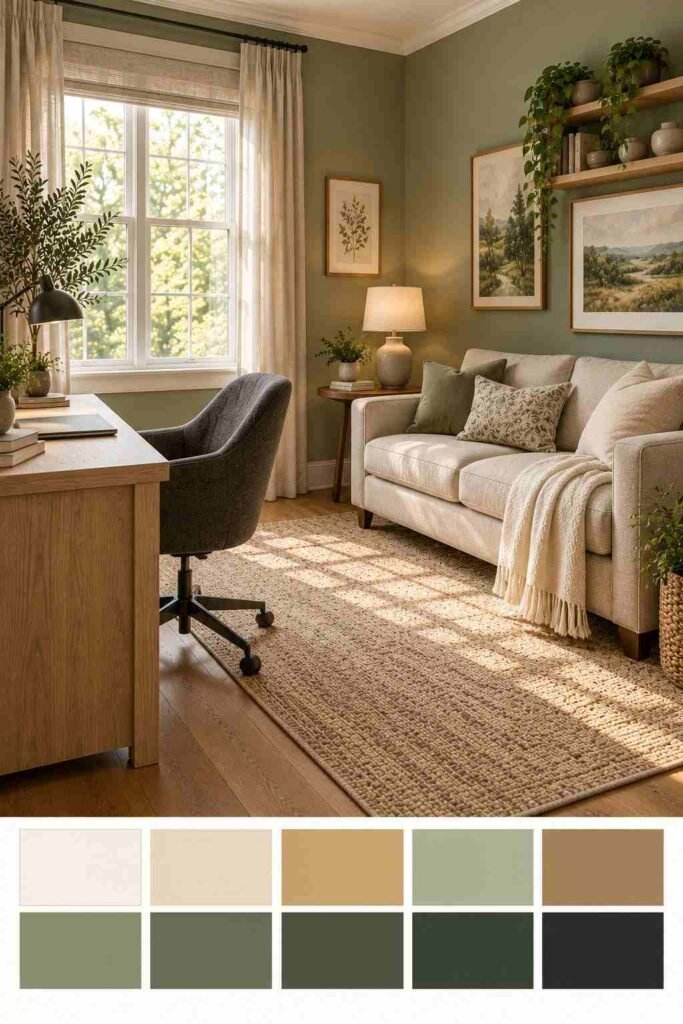 Sage green home office with cream couch and blonde wood desk, with a ten-color palette strip below