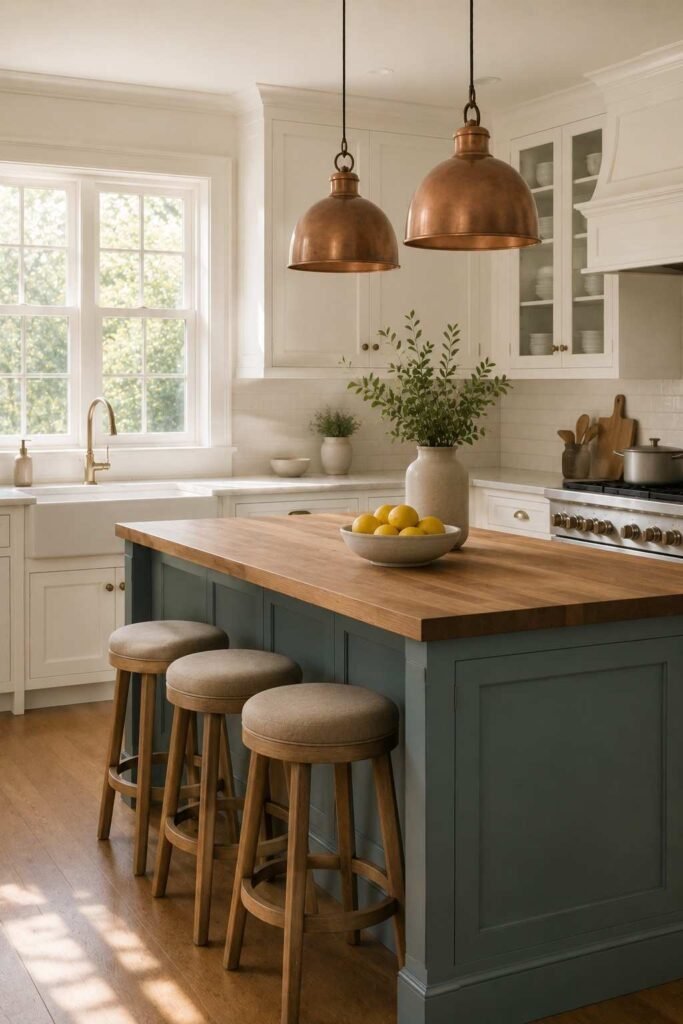 Kitchen with a soft teal island, copper pendant lights and white cabinets