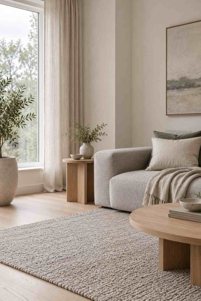 Scandinavian living room with soft white walls and a light grey sofa