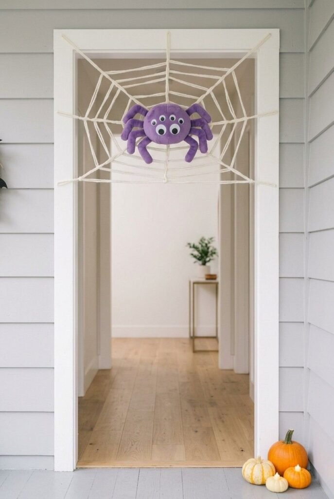 Doorway with loose white yarn web and a plush spider, set high enough for kids to walk under safely.