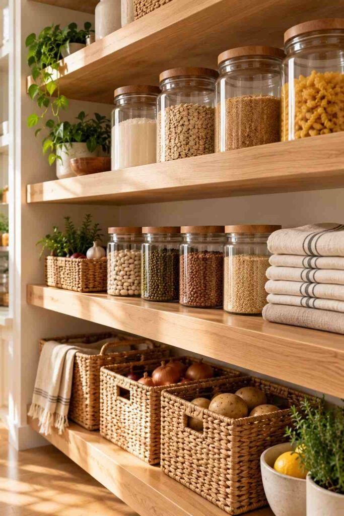 Open Shelving Pantry Kitchen Ideas: 30 Layouts, Storage Tricks and Styling Tips 4 Solid oak open pantry shelves with a satin finish holding glass jars.