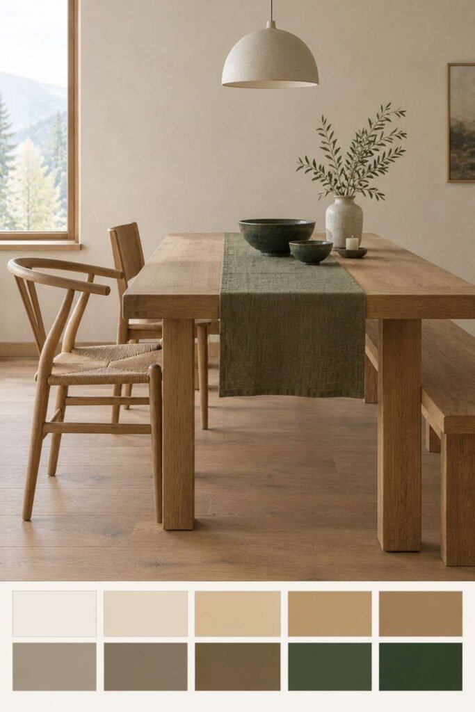 27 Scandinavian Mountain Interior Design Ideas: Ways to Create a Warm Nordic Cabin 12 Solid oak dining table with mixed chairs in a Scandinavian cabin, with a color palette strip below