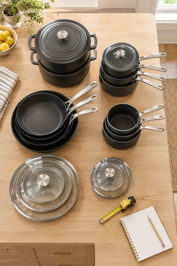 Pots, pans and lids sorted by size on a counter with a tape measure before organizing