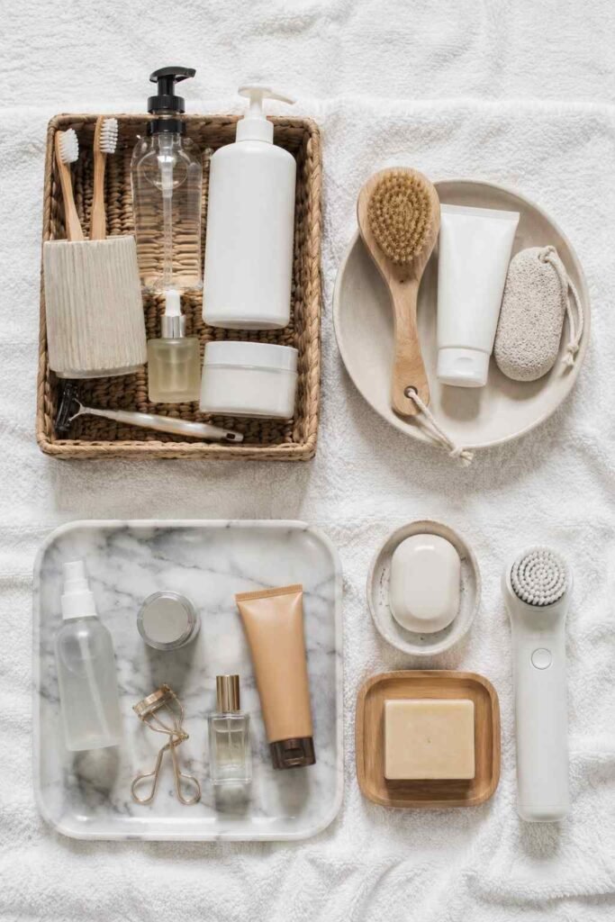 Bathroom products sorted into daily, weekly and rarely used groups on a towel