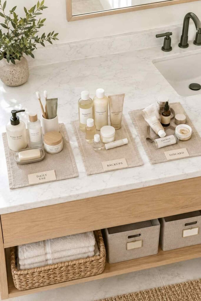 Bathroom Storage Ideas for Toiletries: 30 Smart Ways to Organize Every Space 2 Toiletries sorted into three piles on a bathroom counter before organizing