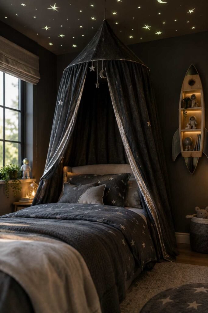 Charcoal space-themed canopy with silver accents and stars over a child's bed.