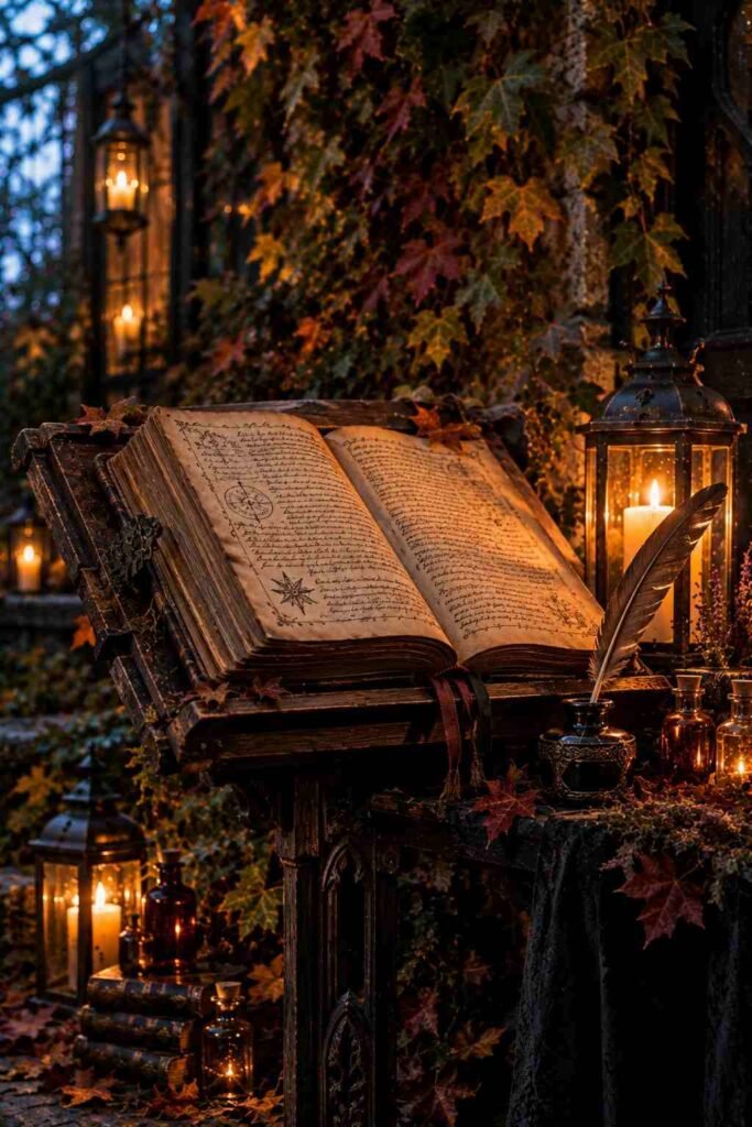 Large leather-look book open on a wooden lectern beside an inkwell, feathers, and candle lantern.