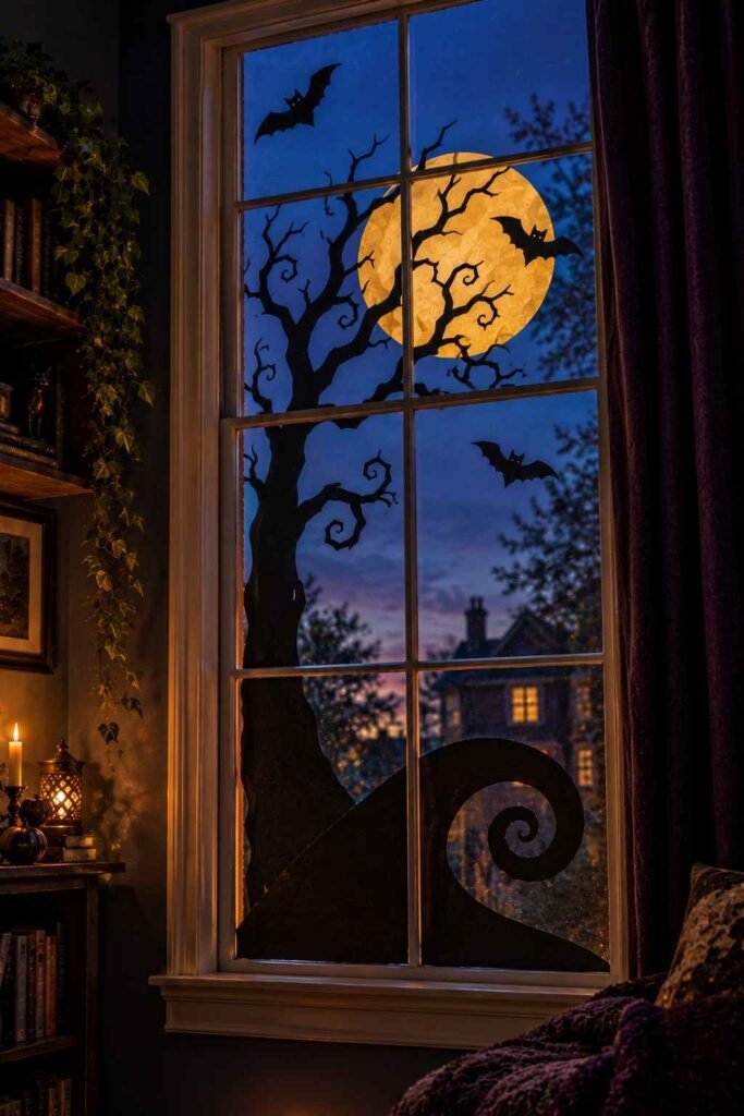 Curling black paper hill with bare tree and yellow moon for a Halloween window.