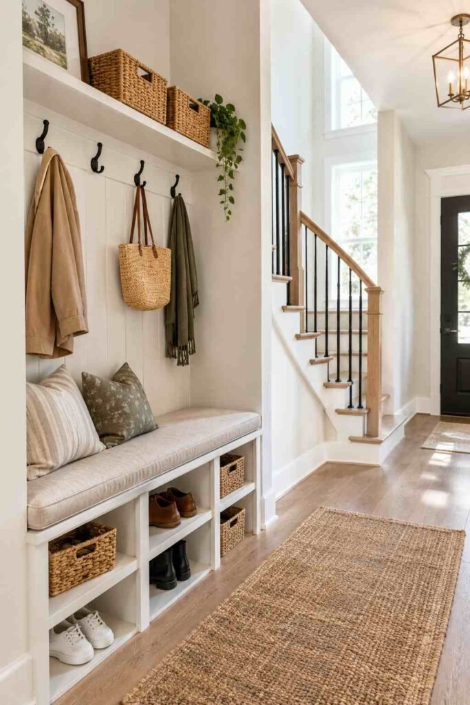 Slim storage bench with shoe cubbies in a small split foyer entryway