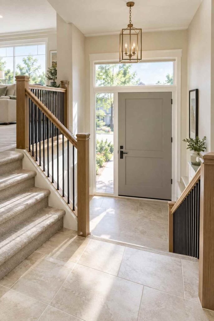 Split foyer landing with porcelain tile floor and a bright sidelight window beside the front door