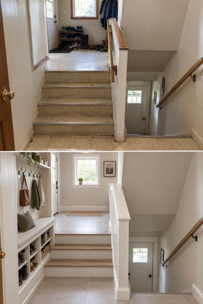 Home Remodeling Before and After: 28 Room-by-Room Transformations 20 Split-foyer entry before and after a remodel with a bench, hooks, cubbies and durable tile.