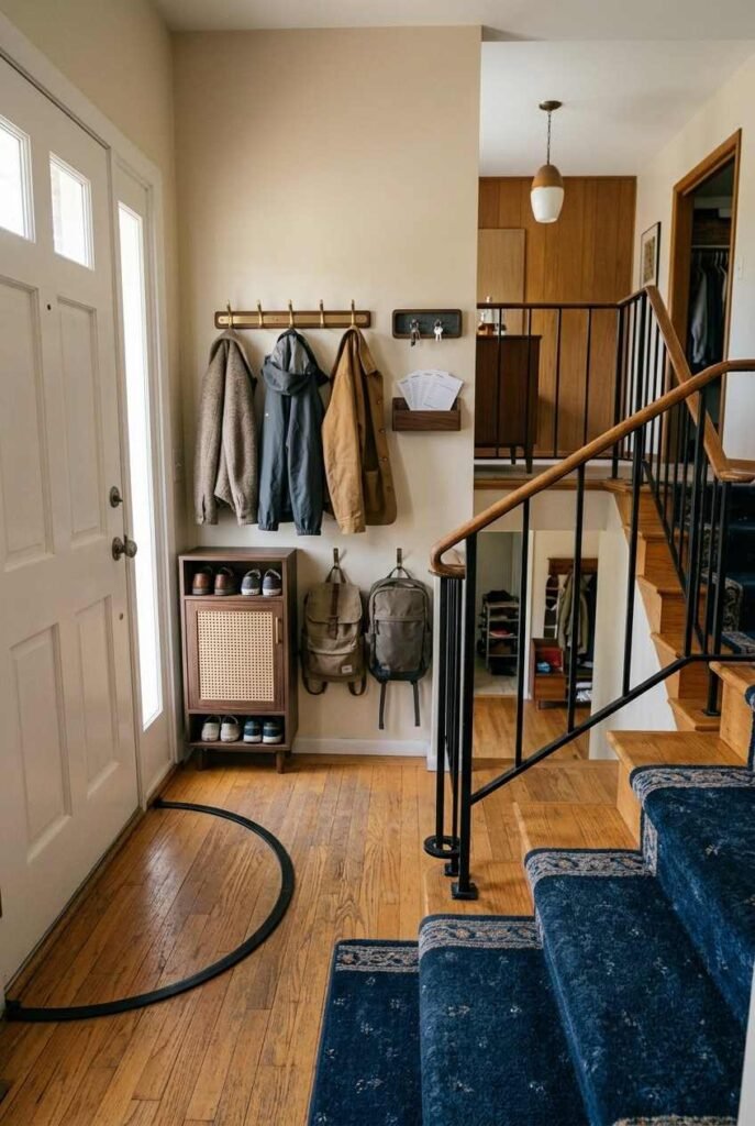 Split foyer entryway divided into zones for shoes, coats, bags, and keys.