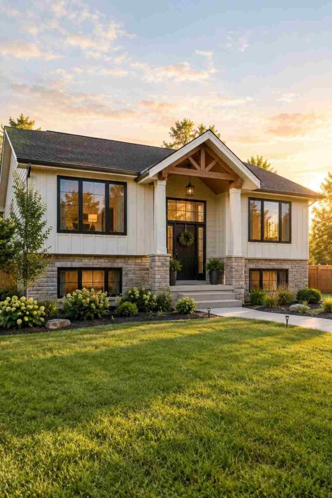 Remodeled split foyer exterior with covered entry porch and stone and siding facade
