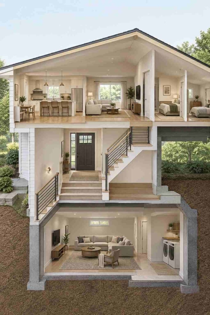 Cutaway diagram of a split foyer home showing the entry between the upper and lower levels