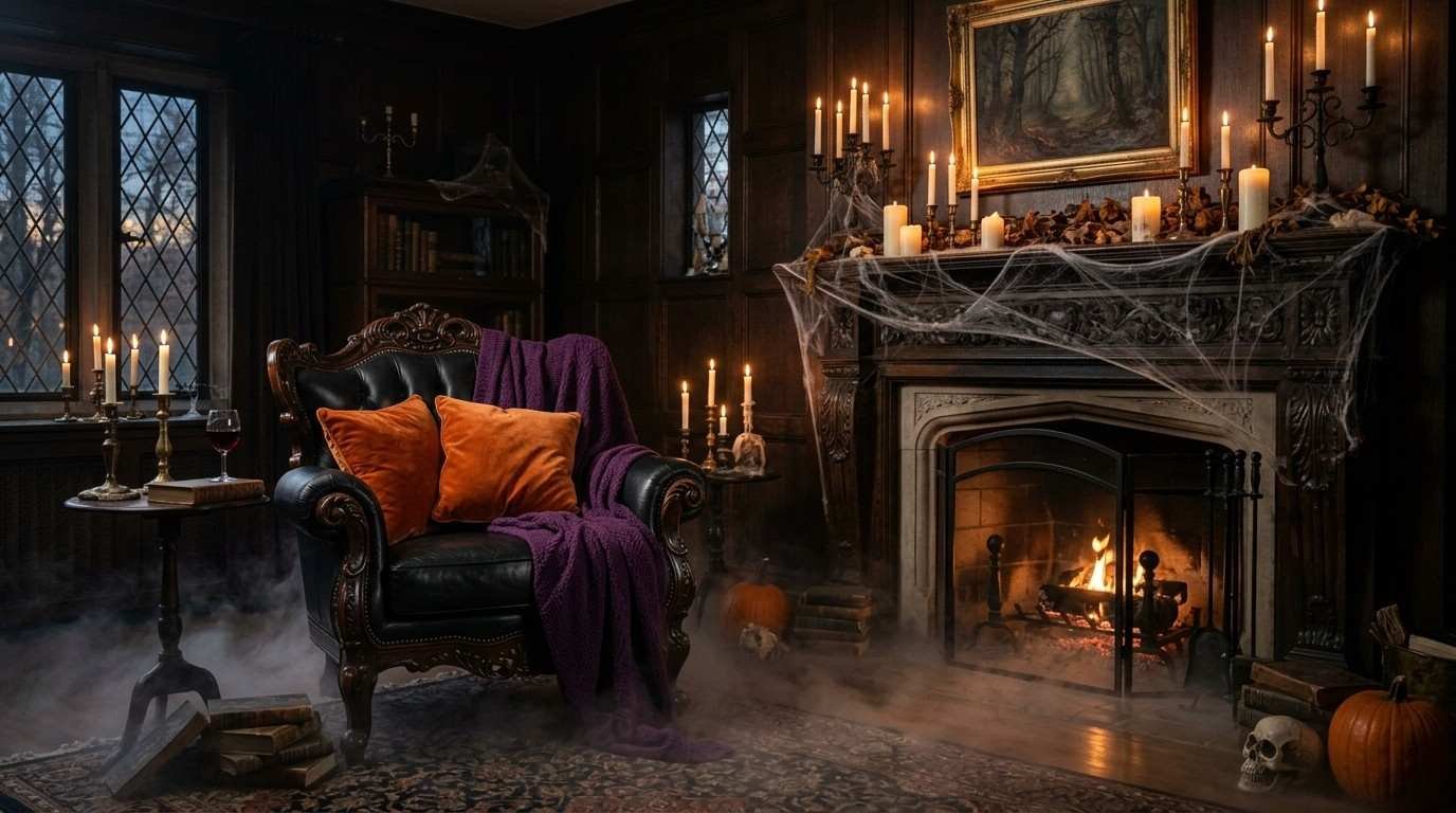 Spooky Halloween theme living room in black, orange, purple and bone white