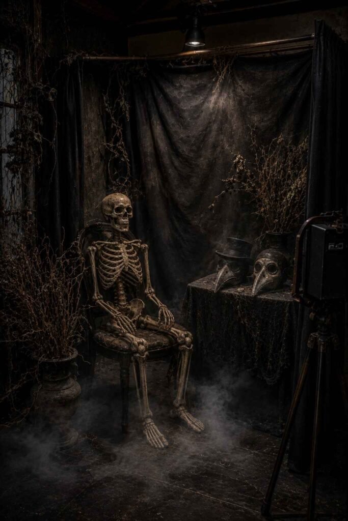 28 Halloween Party Decorations Scary Enough to Terrify Every Guest 18 Dark photo corner with a skeleton, branches, and plague-doctor masks for a scary Halloween party.