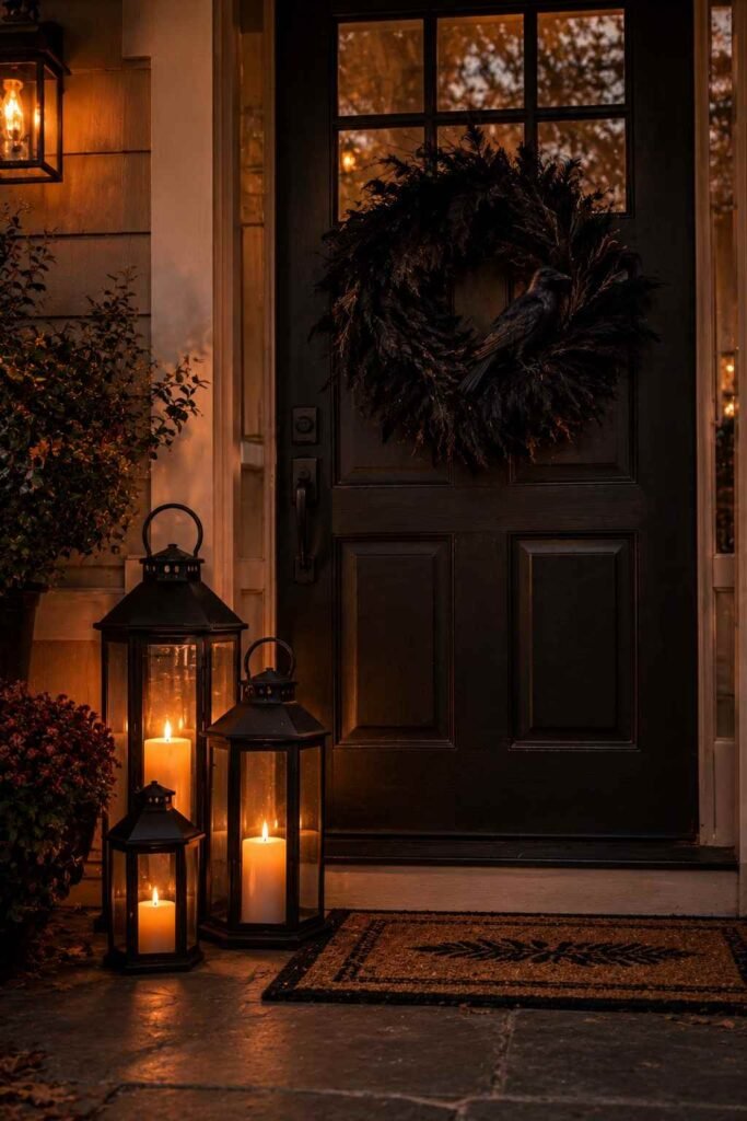 Front door with a black feather wreath and three black lanterns glowing beside it